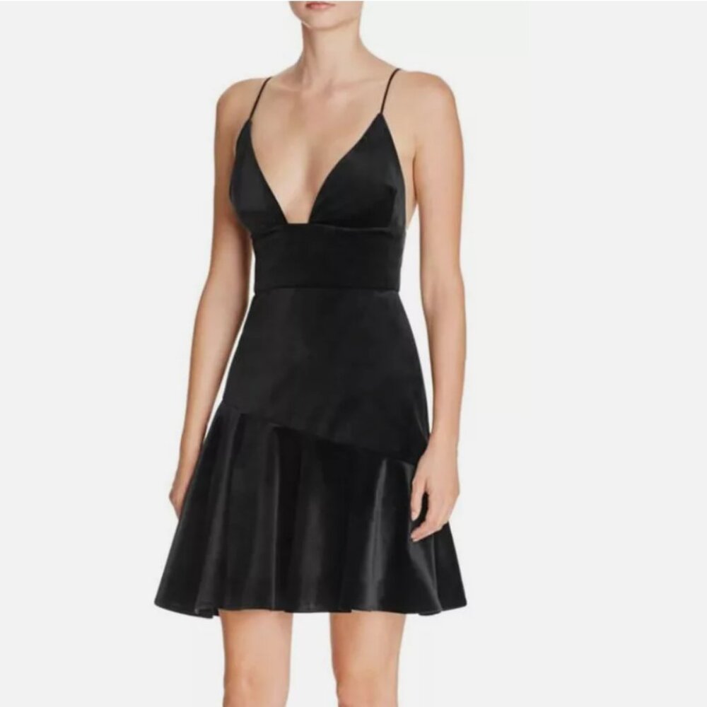ABS Allen Schwartz Black Velvet Deep V Ruffle Hem Dress